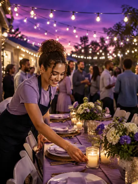 An event helper setting a table at an outdoor dinner